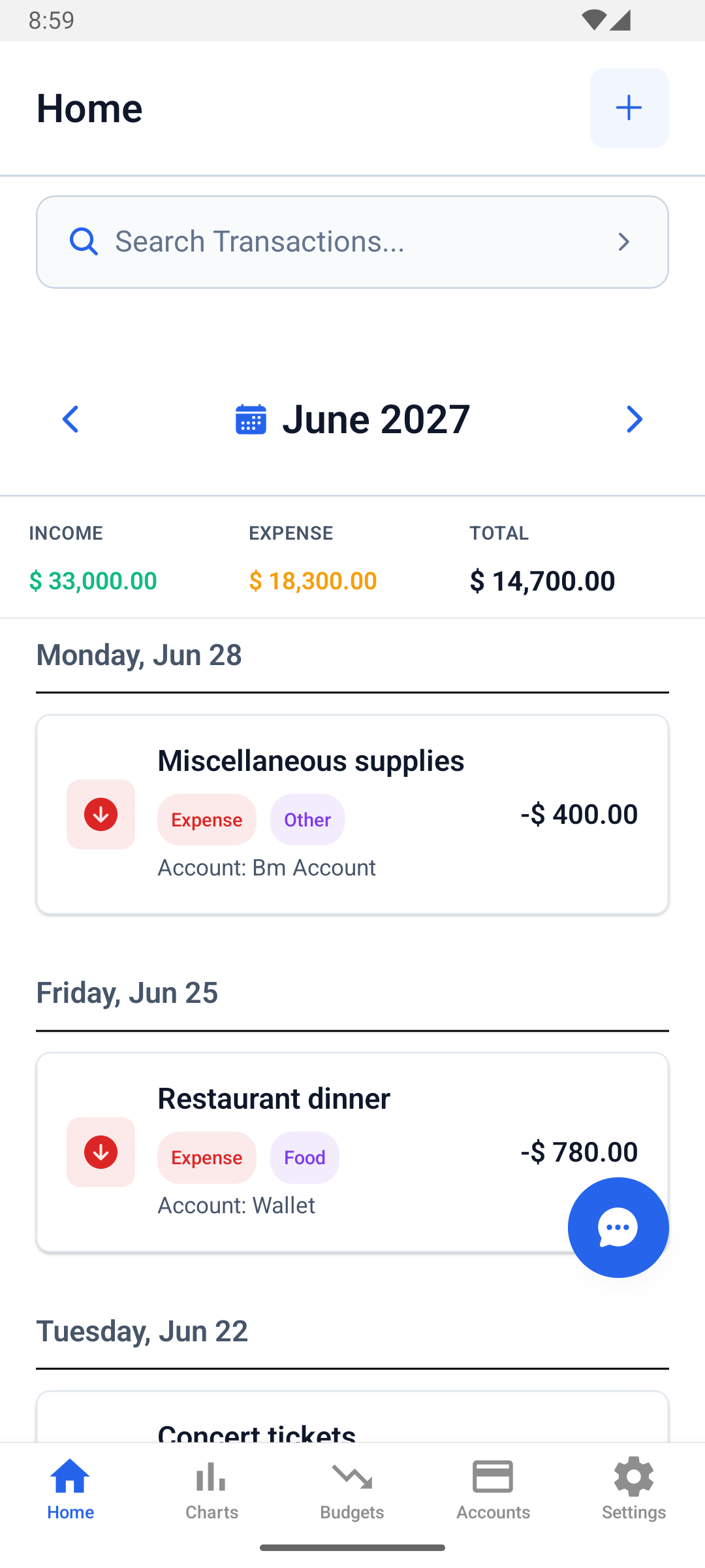 Tracking Money home screen showing monthly income, expenses, and transactions